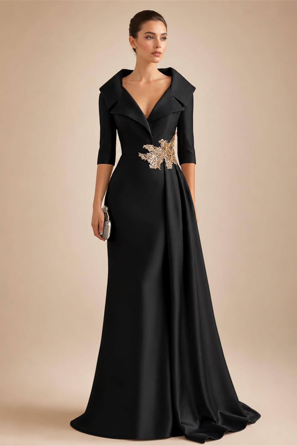 A-Line Satin V-Neck 3/4 Sleeve Mother of the Bride Dresses Floor-Length Ball Gown with Applique (SHI22500294)