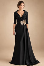 A-Line Satin V-Neck 3/4 Sleeve Mother of the Bride Dresses Floor-Length Ball Gown with Applique (SHI22500294)