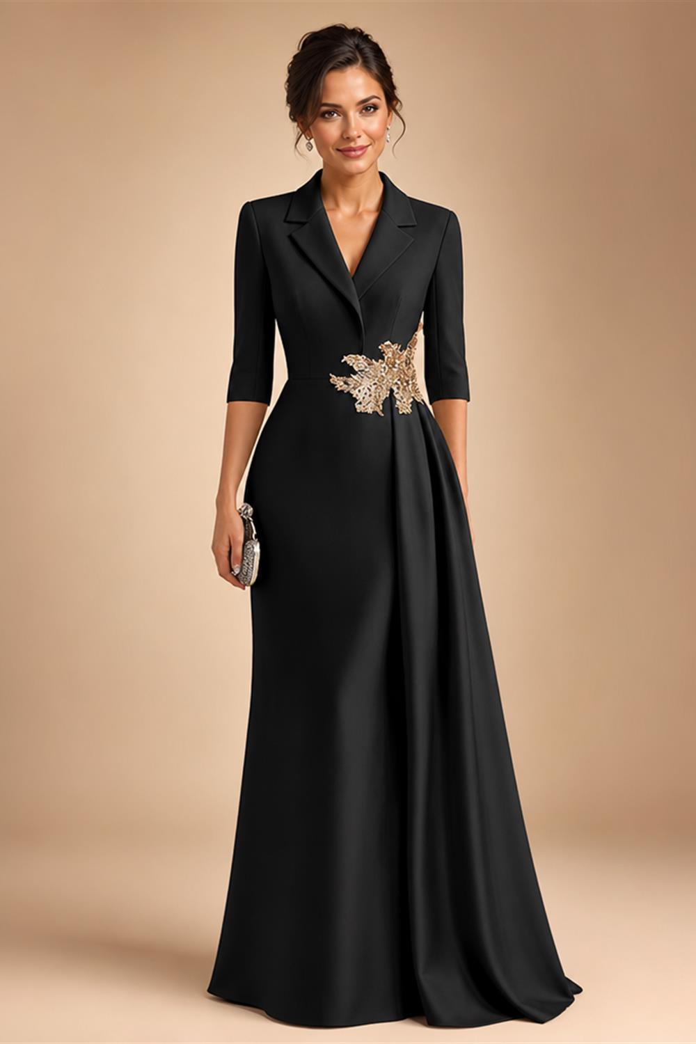 A-Line Satin V-Neck 3/4 Sleeve Mother of the Bride Dresses Floor-Length Ball Gown with Applique (SHI22500294)