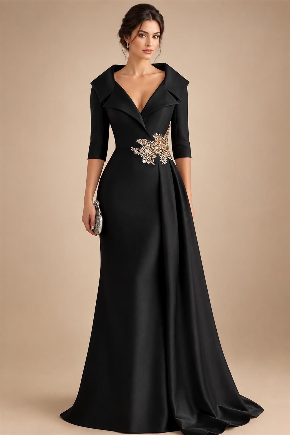 A-Line Satin V-Neck 3/4 Sleeve Mother of the Bride Dresses Floor-Length Ball Gown with Applique (SHI22500294)