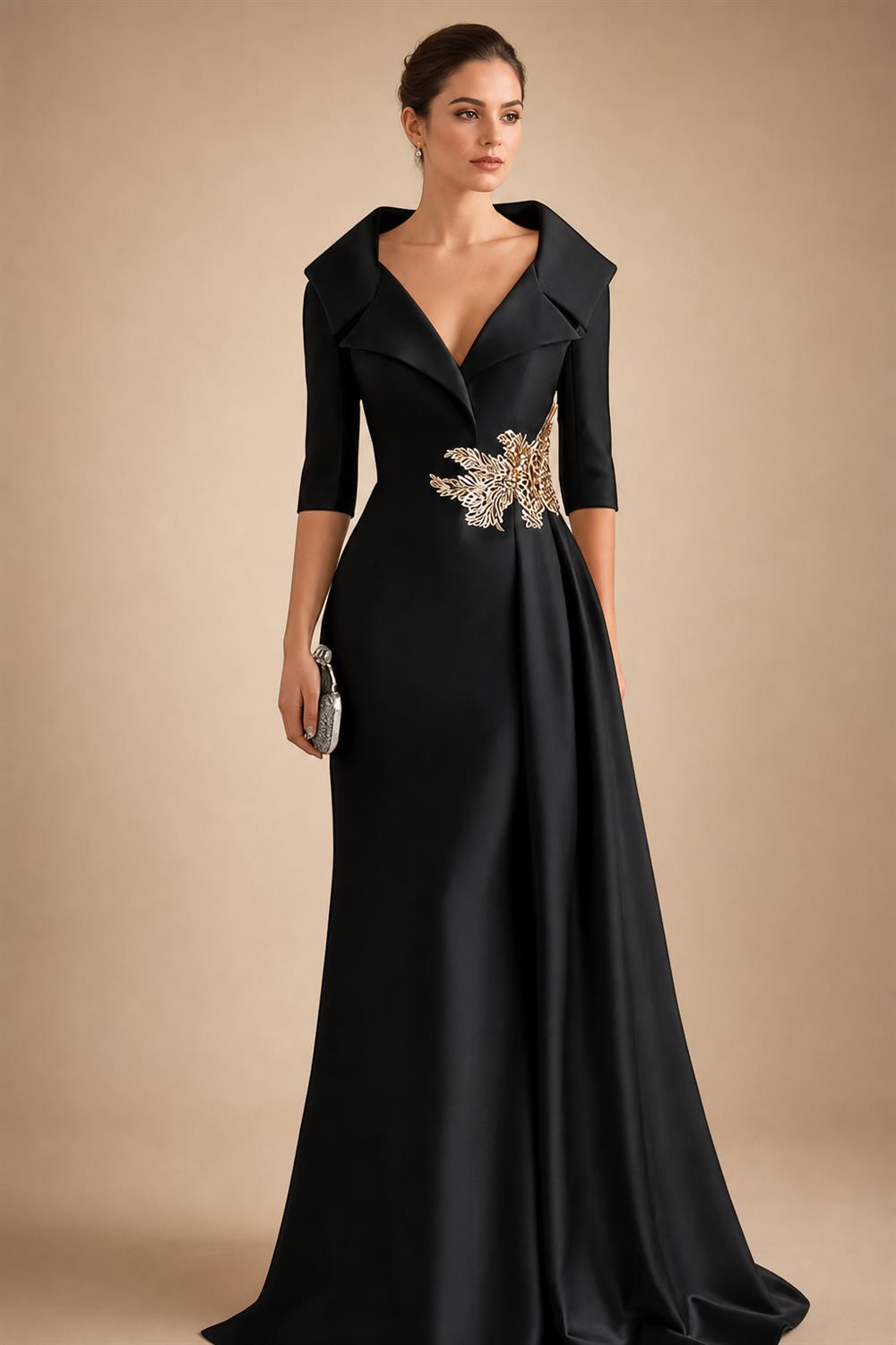 A-Line Satin V-Neck 3/4 Sleeve Mother of the Bride Dresses Floor-Length Ball Gown with Applique (SHI22500294)