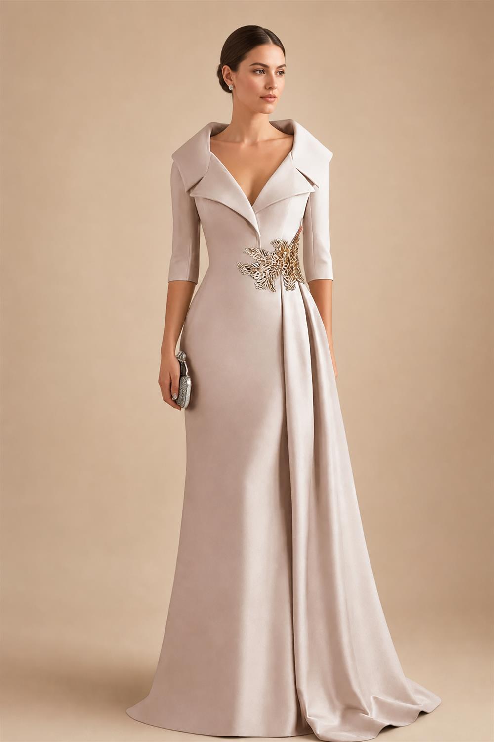 A-Line Satin V-Neck 3/4 Sleeve Mother of the Bride Dresses Floor-Length Ball Gown with Applique (SHI22500294)