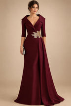 A-Line Satin V-Neck 3/4 Sleeve Mother of the Bride Dresses Floor-Length Ball Gown with Applique (SHI22500294)