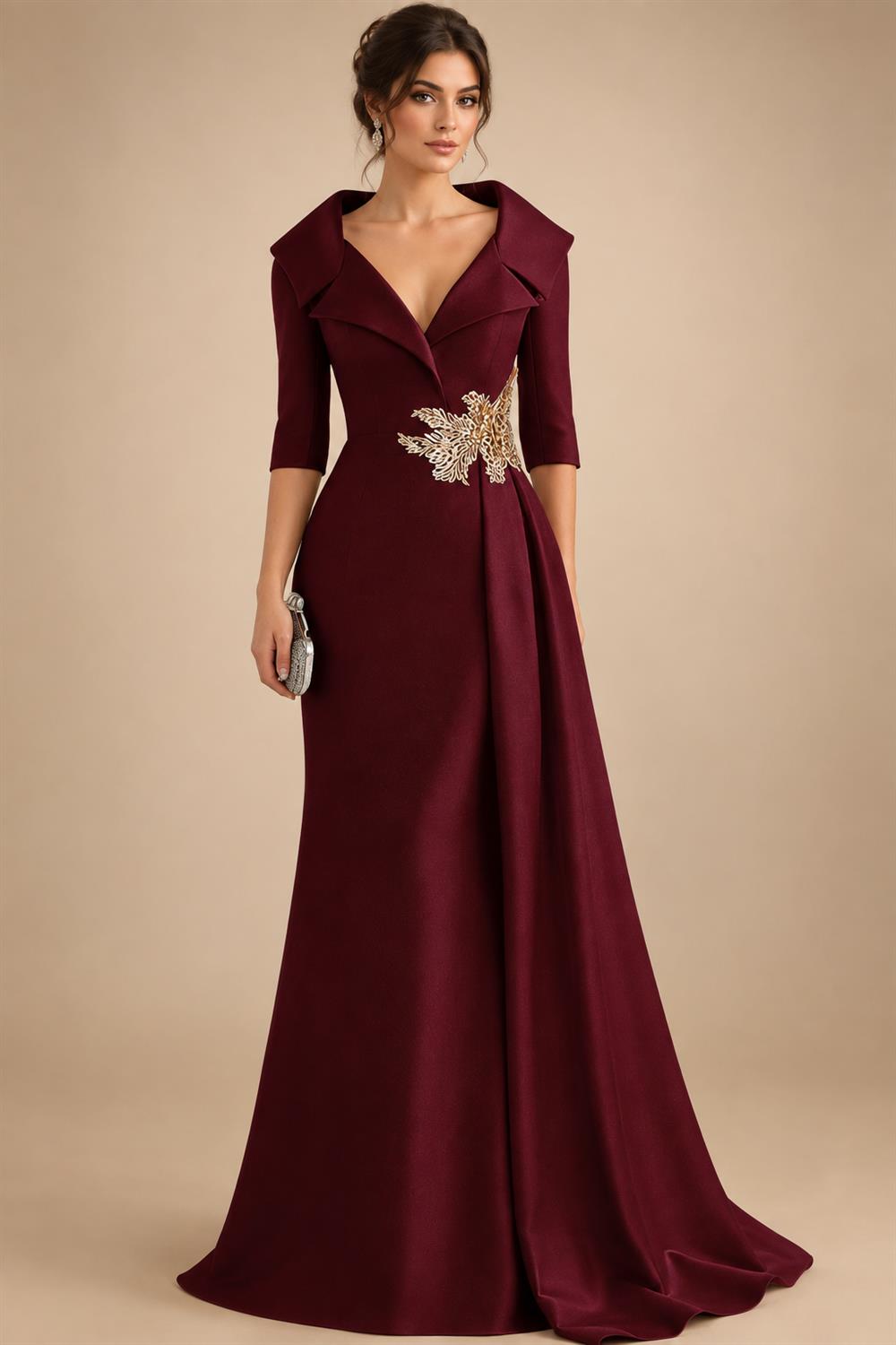 A-Line Satin V-Neck 3/4 Sleeve Mother of the Bride Dresses Floor-Length Ball Gown with Applique (SHI22500294)