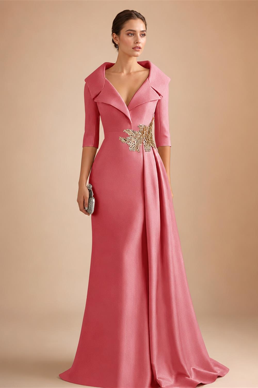 A-Line Satin V-Neck 3/4 Sleeve Mother of the Bride Dresses Floor-Length Ball Gown with Applique (SHI22500294)