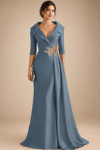 A-Line Satin V-Neck 3/4 Sleeve Mother of the Bride Dresses Floor-Length Ball Gown with Applique (SHI22500294)
