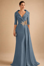 A-Line Satin V-Neck 3/4 Sleeve Mother of the Bride Dresses Floor-Length Ball Gown with Applique (SHI22500294)
