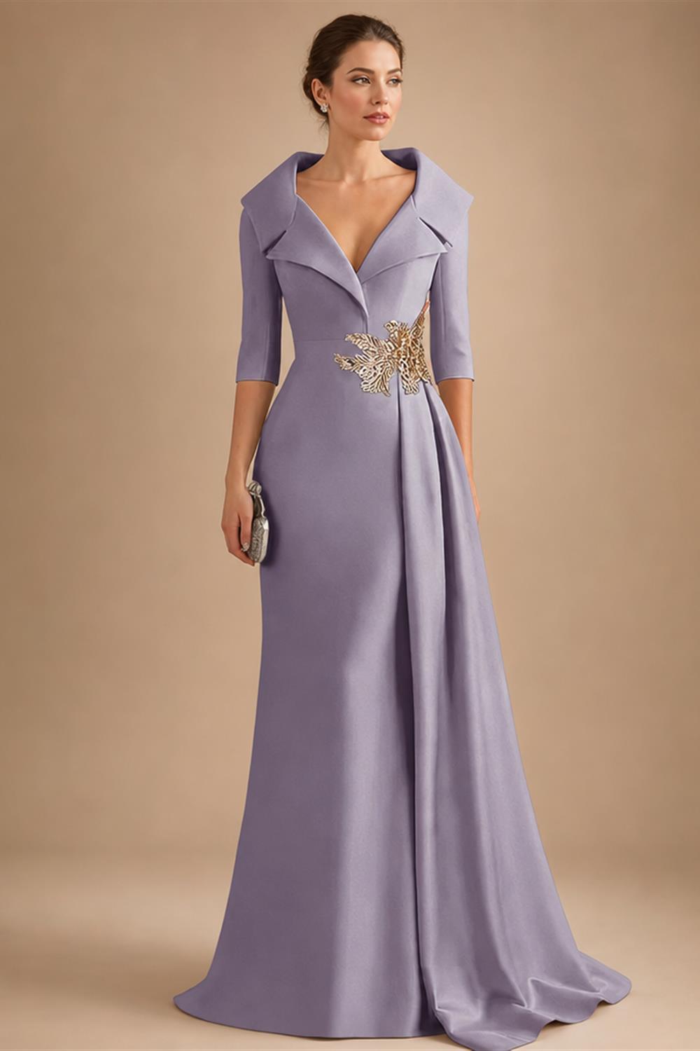 A-Line Satin V-Neck 3/4 Sleeve Mother of the Bride Dresses Floor-Length Ball Gown with Applique (SHI22500294)