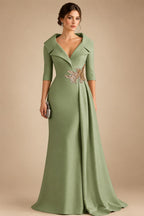 A-Line Satin V-Neck 3/4 Sleeve Mother of the Bride Dresses Floor-Length Ball Gown with Applique (SHI22500294)