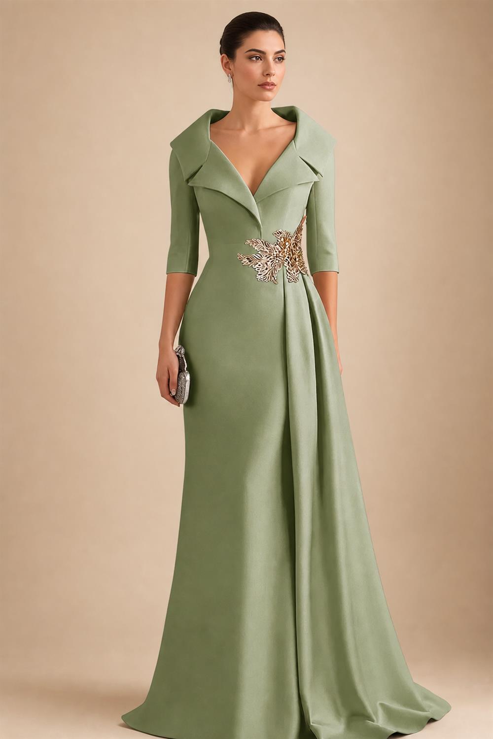 A-Line Satin V-Neck 3/4 Sleeve Mother of the Bride Dresses Floor-Length Ball Gown with Applique (SHI22500294)