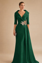 A-Line Satin V-Neck 3/4 Sleeve Mother of the Bride Dresses Floor-Length Ball Gown with Applique (SHI22500294)