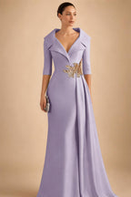 A-Line Satin V-Neck 3/4 Sleeve Mother of the Bride Dresses Floor-Length Ball Gown with Applique (SHI22500294)