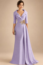 A-Line Satin V-Neck 3/4 Sleeve Mother of the Bride Dresses Floor-Length Ball Gown with Applique (SHI22500294)