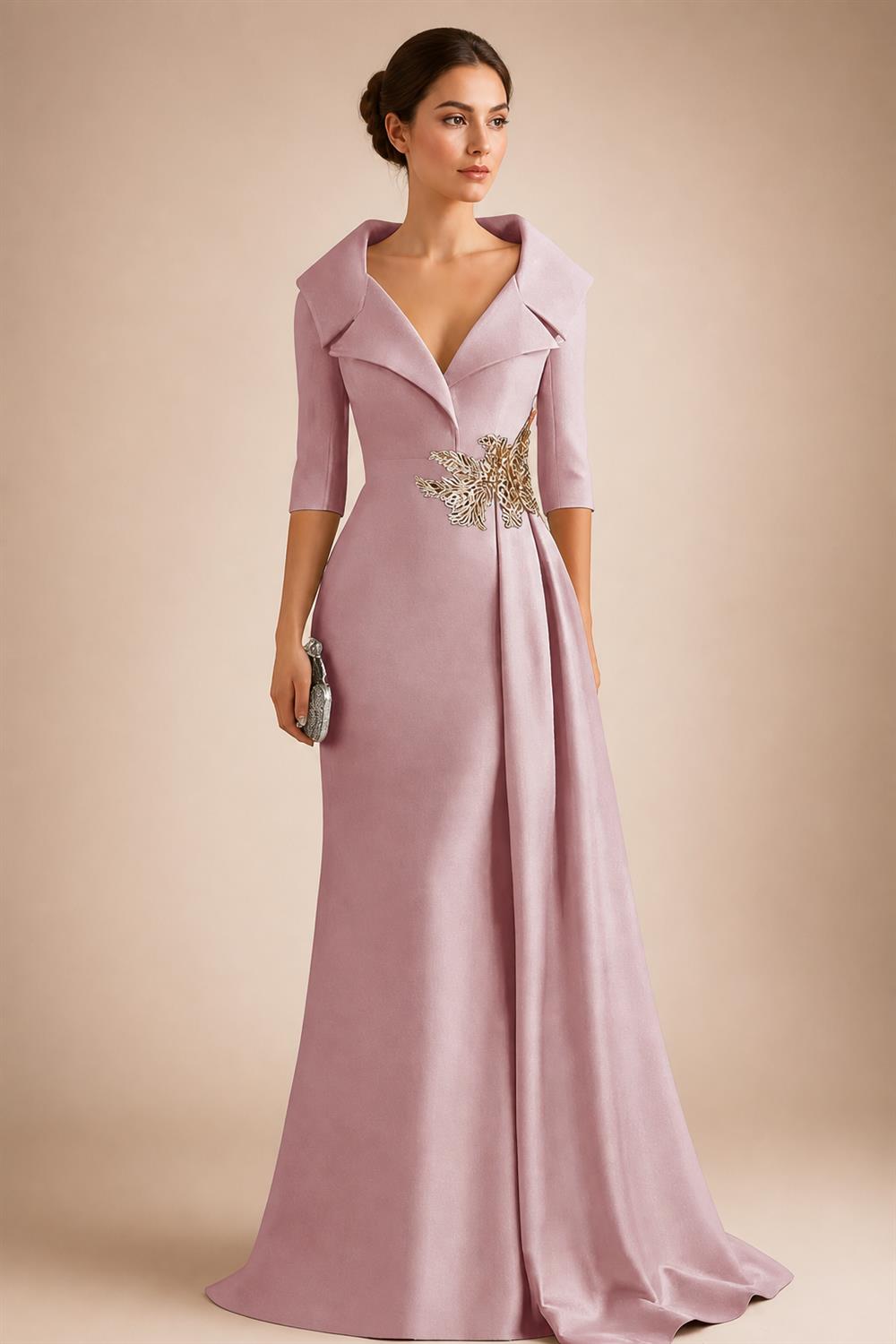 A-Line Satin V-Neck 3/4 Sleeve Mother of the Bride Dresses Floor-Length Ball Gown with Applique (SHI22500294)