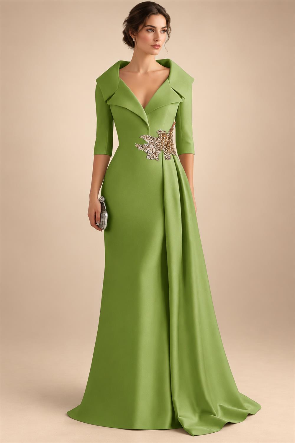 A-Line Satin V-Neck 3/4 Sleeve Mother of the Bride Dresses Floor-Length Ball Gown with Applique (SHI22500294)