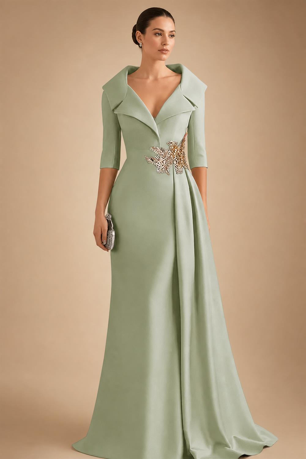 A-Line Satin V-Neck 3/4 Sleeve Mother of the Bride Dresses Floor-Length Ball Gown with Applique (SHI22500294)