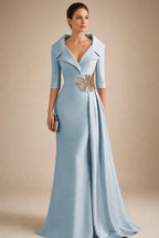 A-Line Satin V-Neck 3/4 Sleeve Mother of the Bride Dresses Floor-Length Ball Gown with Applique (SHI22500294)