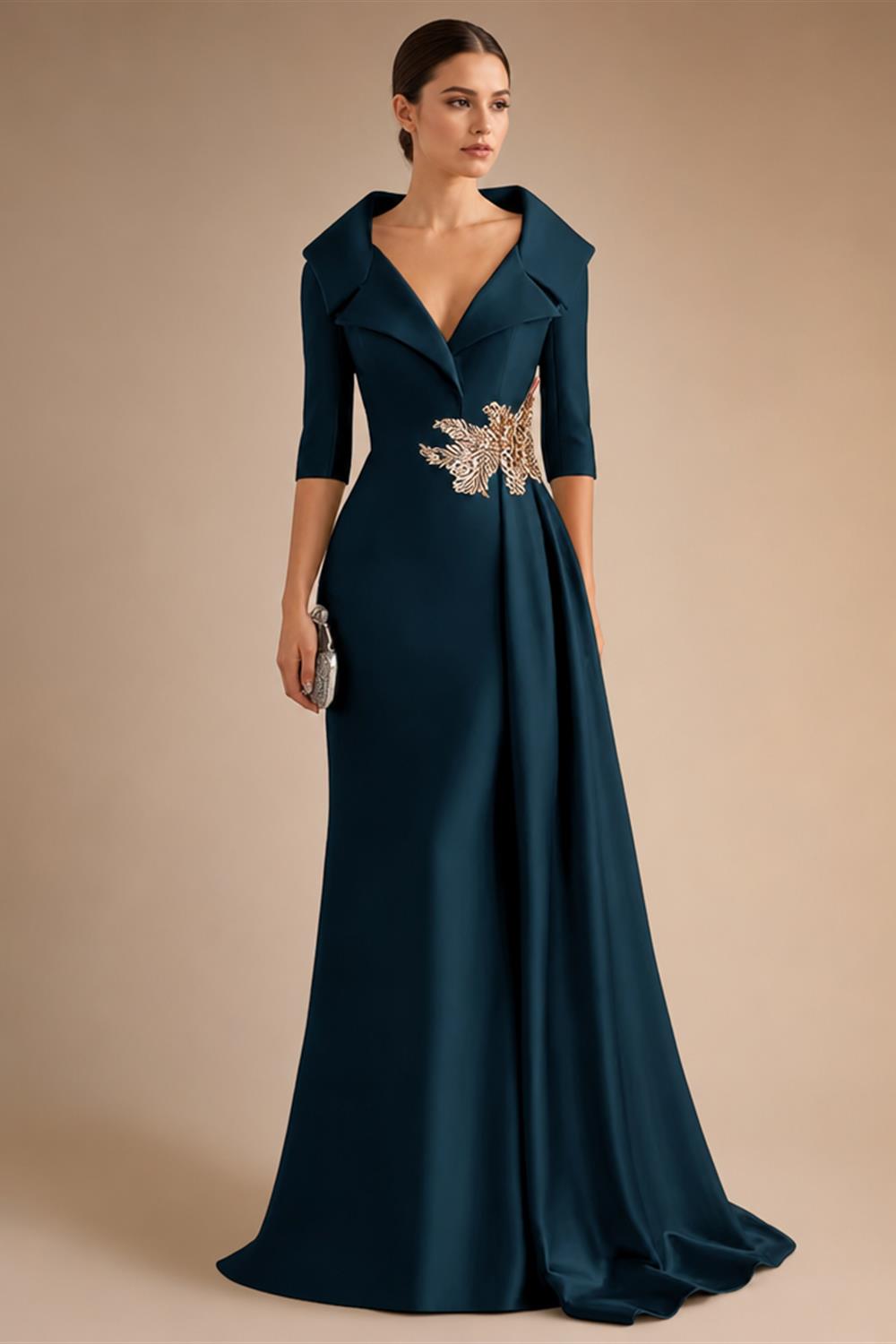 A-Line Satin V-Neck 3/4 Sleeve Mother of the Bride Dresses Floor-Length Ball Gown with Applique (SHI22500294)