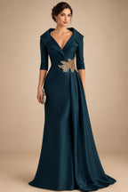 A-Line Satin V-Neck 3/4 Sleeve Mother of the Bride Dresses Floor-Length Ball Gown with Applique (SHI22500294)