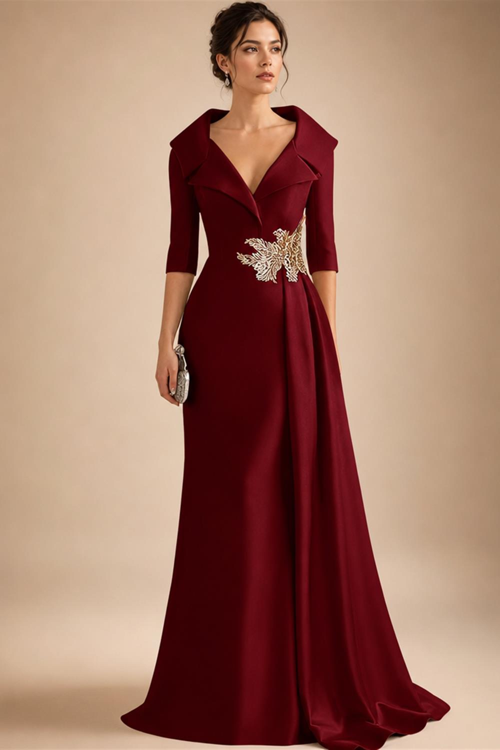 A-Line Satin V-Neck 3/4 Sleeve Mother of the Bride Dresses Floor-Length Ball Gown with Applique (SHI22500294)