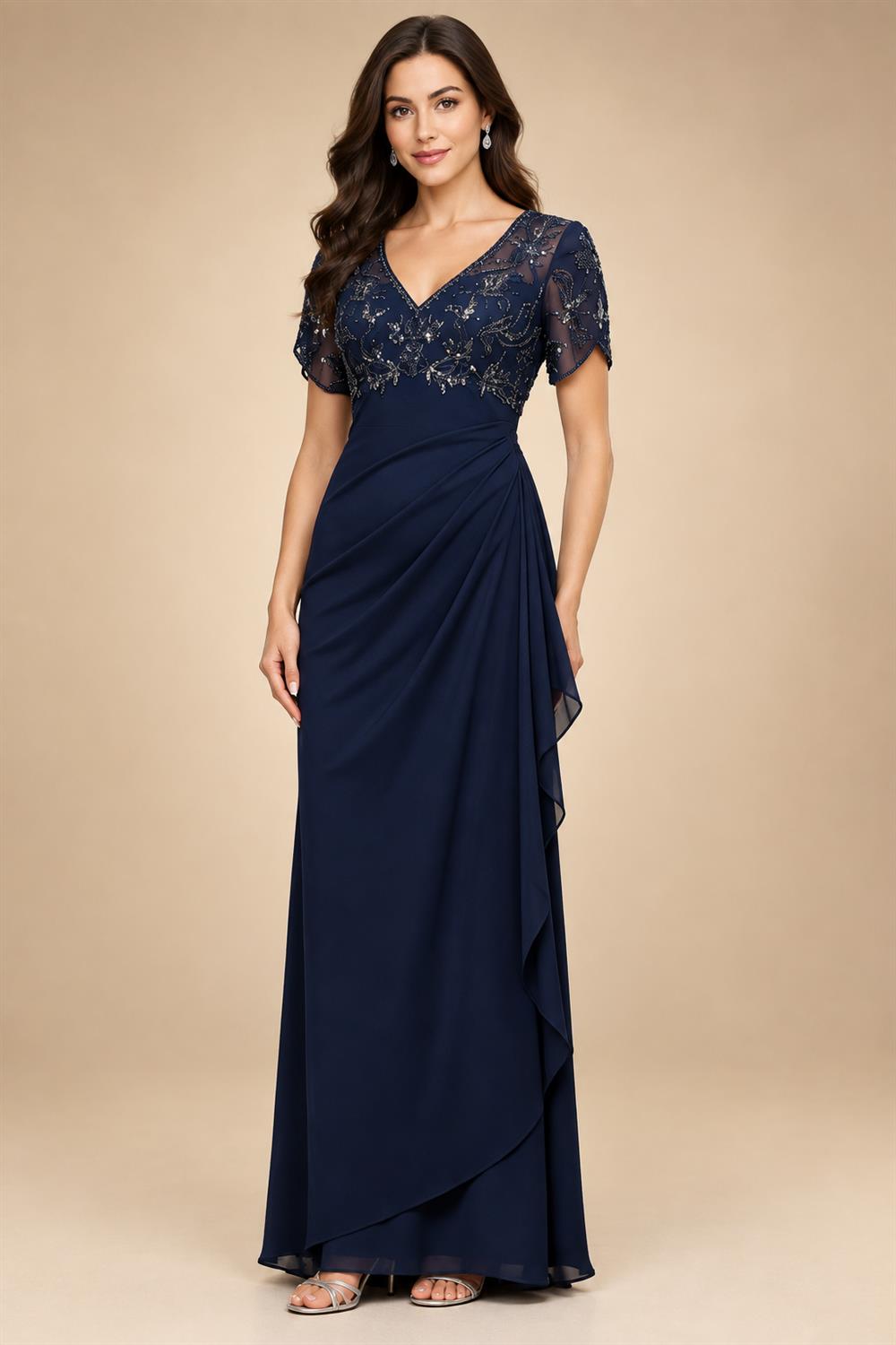 A-Line Chiffon V-Neck Short Sleeve Mother of the Bride Dresses Floor-Length with Sequin Appliques (SHI22500297)