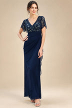 A-Line Chiffon V-Neck Short Sleeve Mother of the Bride Dresses Floor-Length with Sequin Appliques (SHI22500297)