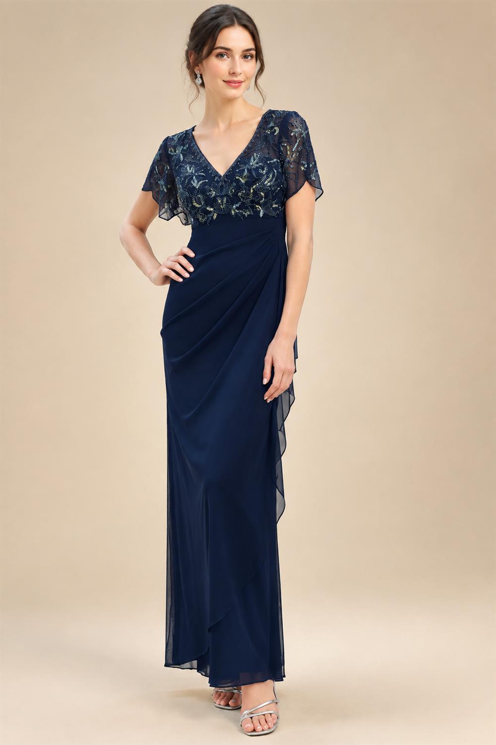 A-Line Chiffon V-Neck Short Sleeve Mother of the Bride Dresses Floor-Length with Sequin Appliques (SHI22500297)