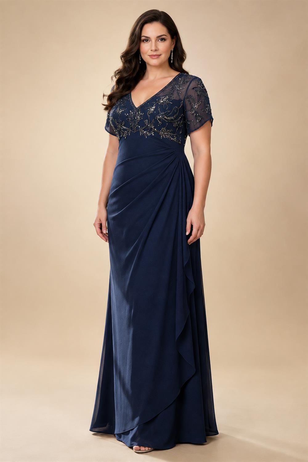 A-Line Chiffon V-Neck Short Sleeve Mother of the Bride Dresses Floor-Length with Sequin Appliques (SHI22500297)