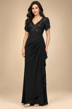 A-Line Chiffon V-Neck Short Sleeve Mother of the Bride Dresses Floor-Length with Sequin Appliques (SHI22500297)