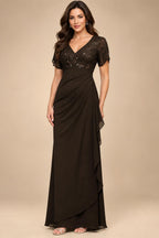 A-Line Chiffon V-Neck Short Sleeve Mother of the Bride Dresses Floor-Length with Sequin Appliques (SHI22500297)