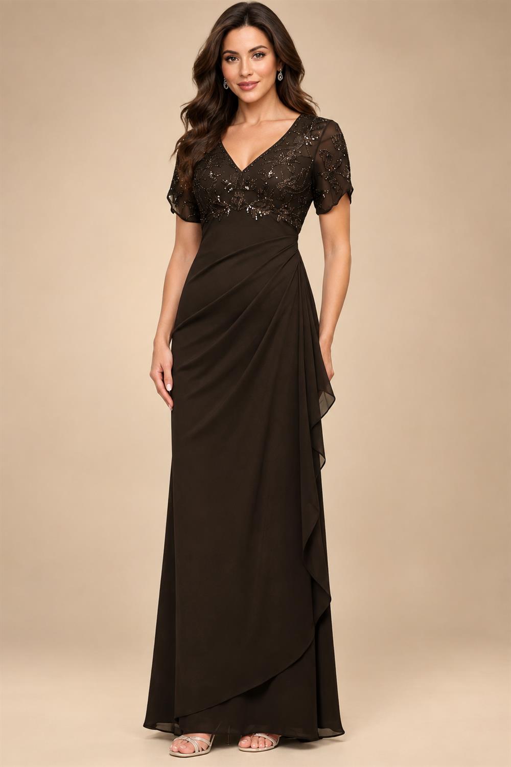 A-Line Chiffon V-Neck Short Sleeve Mother of the Bride Dresses Floor-Length with Sequin Appliques (SHI22500297)