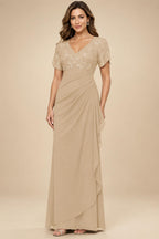 A-Line Chiffon V-Neck Short Sleeve Mother of the Bride Dresses Floor-Length with Sequin Appliques (SHI22500297)