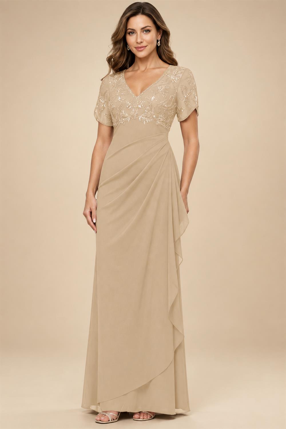 A-Line Chiffon V-Neck Short Sleeve Mother of the Bride Dresses Floor-Length with Sequin Appliques (SHI22500297)