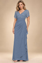 A-Line Chiffon V-Neck Short Sleeve Mother of the Bride Dresses Floor-Length with Sequin Appliques (SHI22500297)