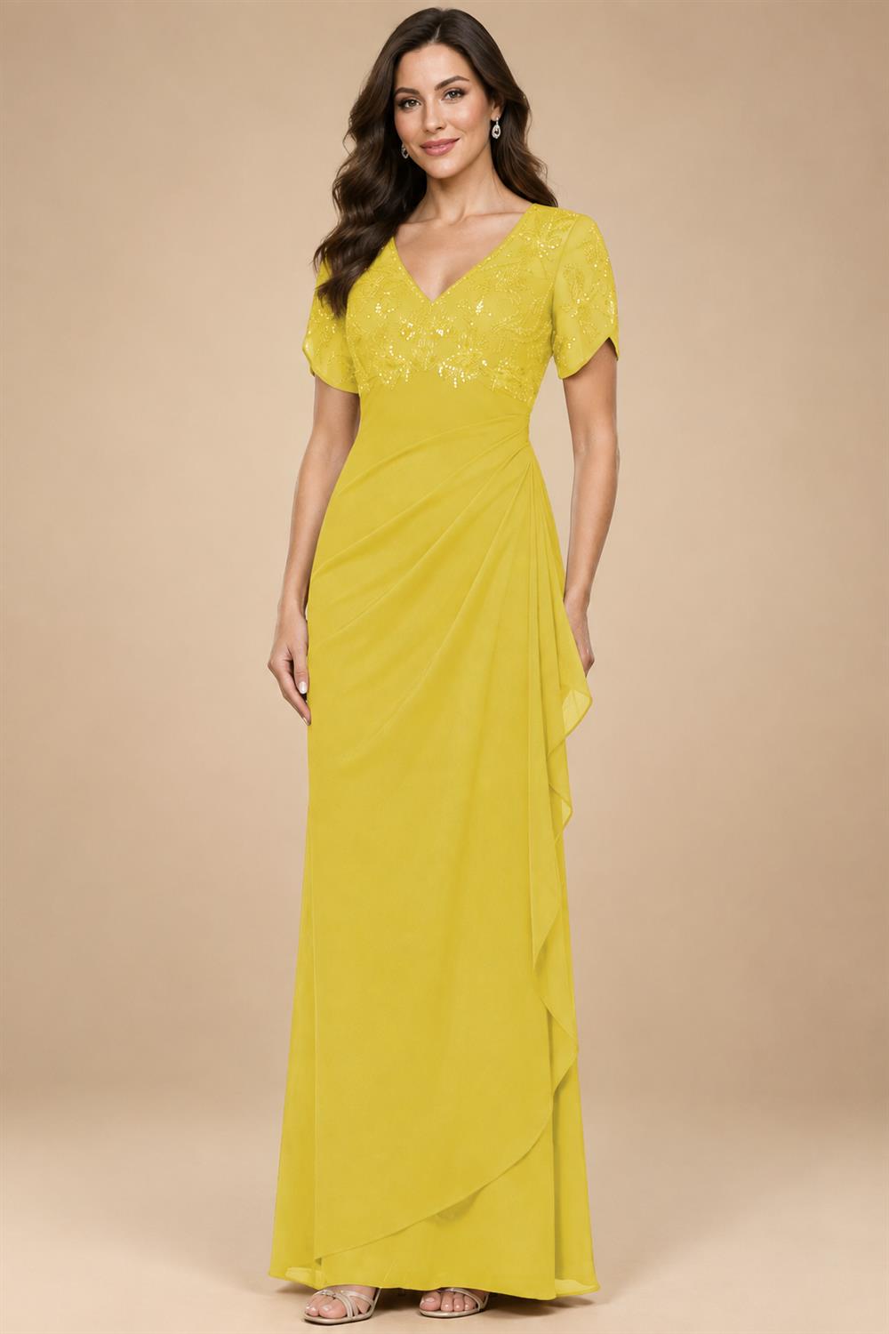 A-Line Chiffon V-Neck Short Sleeve Mother of the Bride Dresses Floor-Length with Sequin Appliques (SHI22500297)