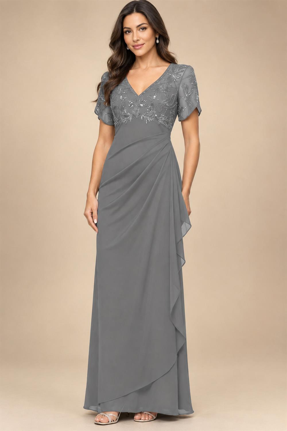 A-Line Chiffon V-Neck Short Sleeve Mother of the Bride Dresses Floor-Length with Sequin Appliques (SHI22500297)