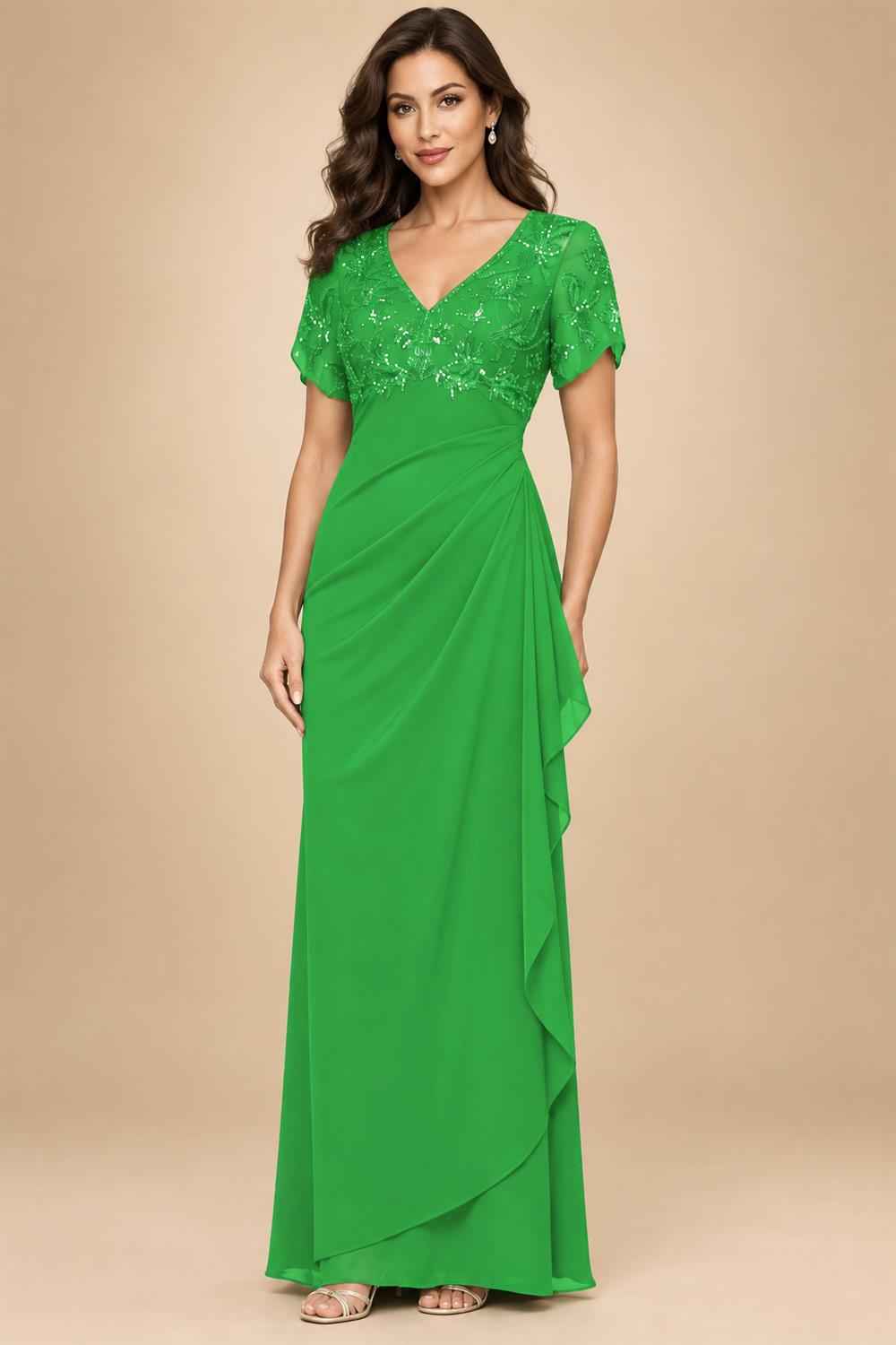 A-Line Chiffon V-Neck Short Sleeve Mother of the Bride Dresses Floor-Length with Sequin Appliques (SHI22500297)