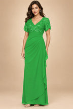 A-Line Chiffon V-Neck Short Sleeve Mother of the Bride Dresses Floor-Length with Sequin Appliques (SHI22500297)