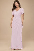A-Line Chiffon V-Neck Short Sleeve Mother of the Bride Dresses Floor-Length with Sequin Appliques (SHI22500297)