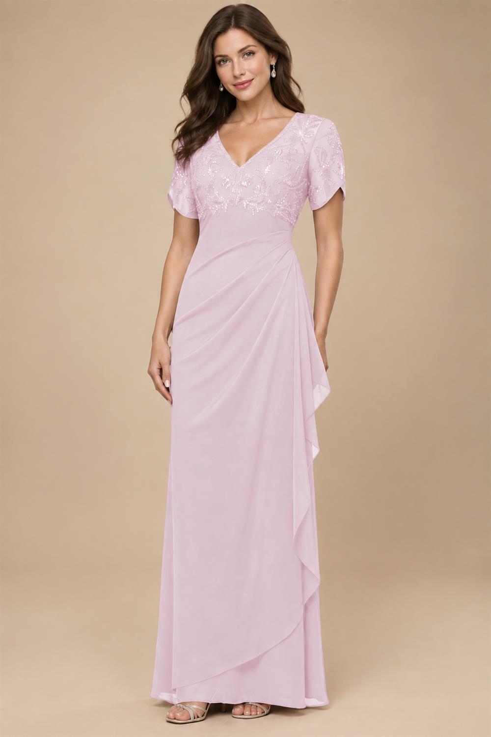 A-Line Chiffon V-Neck Short Sleeve Mother of the Bride Dresses Floor-Length with Sequin Appliques (SHI22500297)