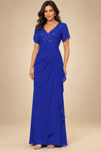 A-Line Chiffon V-Neck Short Sleeve Mother of the Bride Dresses Floor-Length with Sequin Appliques (SHI22500297)