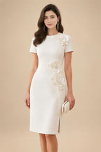 A-Line/Princess Halter Lace Appliques Tea-Length Mother of the Bride & Groom Dresses with 3D Flowers & Ruched Waist (SHI23001321)