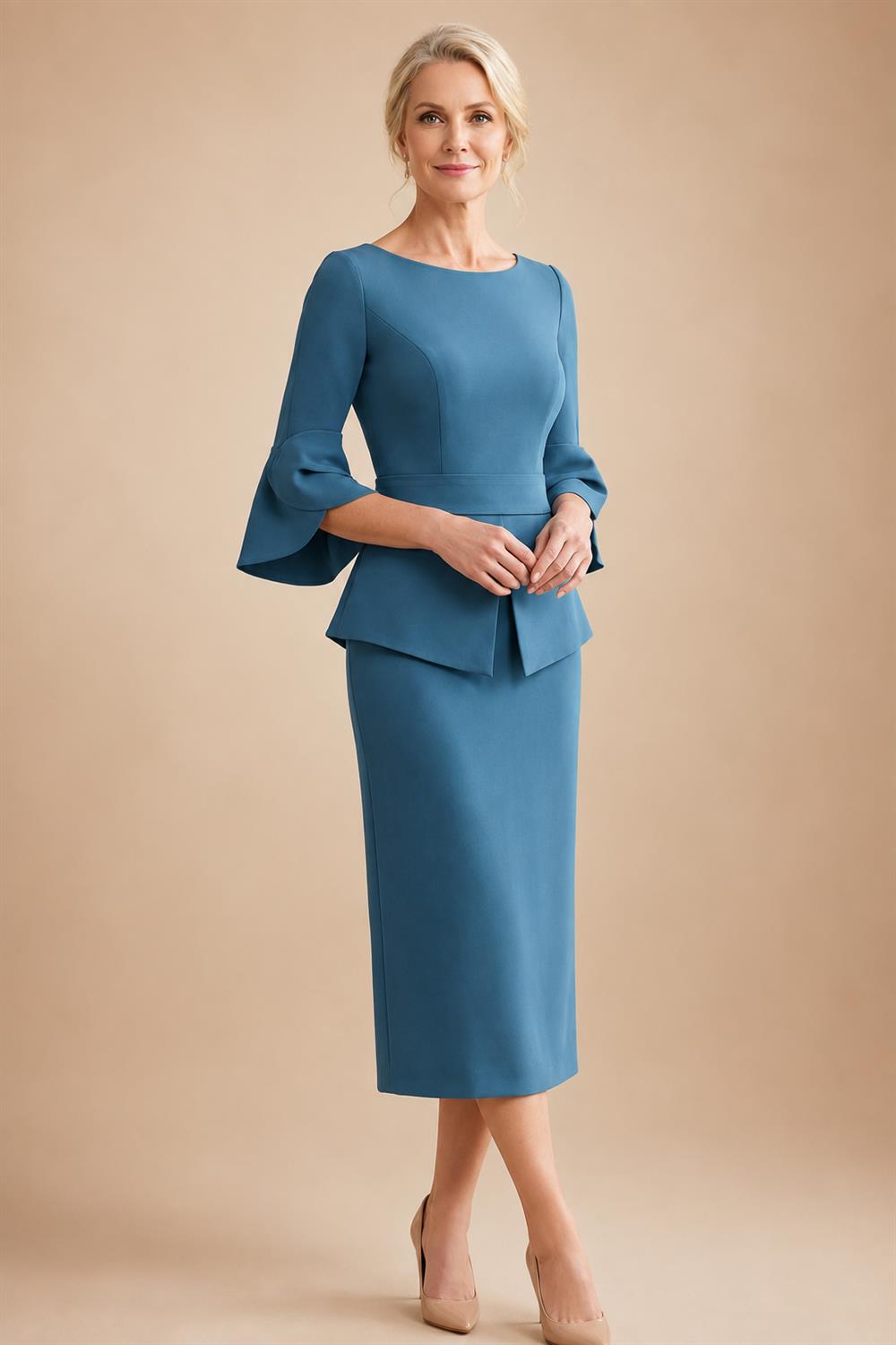 Sheath Satin Tea-Length Mother of the Bride & Groom Dresses with 3/4 Bell Sleeves & Crystal Embellished Belt (SHI22500471)