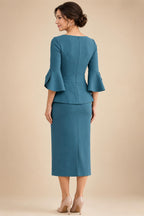 Sheath Satin Tea-Length Mother of the Bride & Groom Dresses with 3/4 Bell Sleeves & Crystal Embellished Belt (SHI22500471)