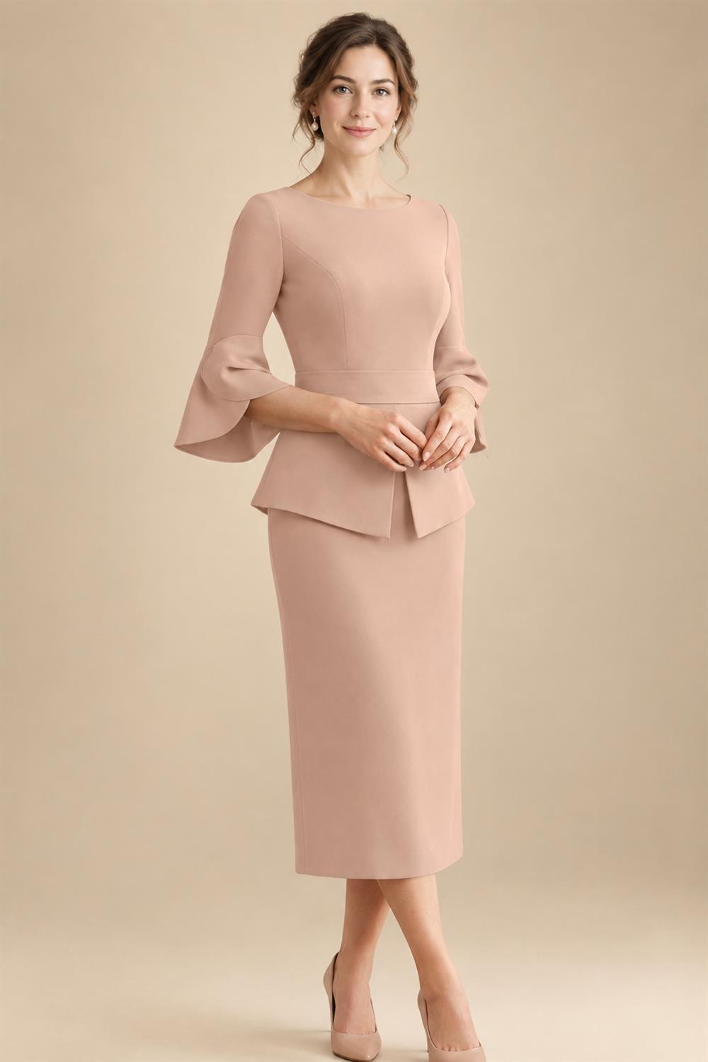 3/4 Sleeve Round Neck Sheath Midi Satin Mother of the Bride Dresses Formal Dress (SHI22500384)