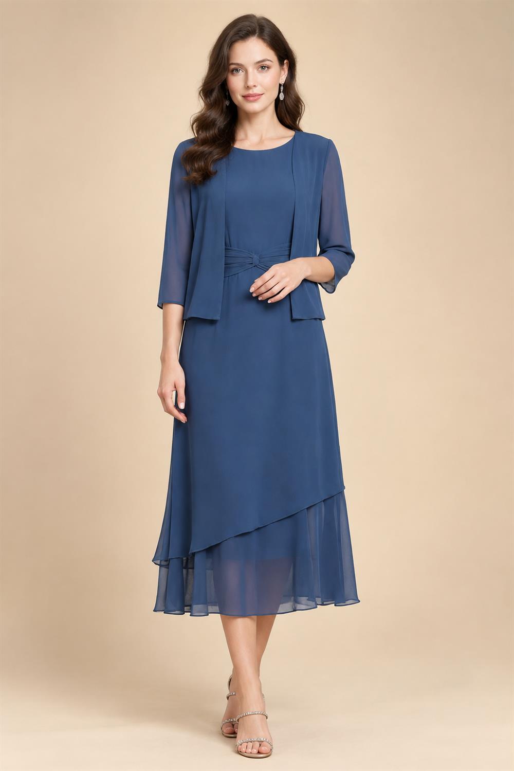 3/4 Sleeve Round Neck A-Line Midi Chiffon Mother of the Bride Dresses with Jacket (SHI22500386)