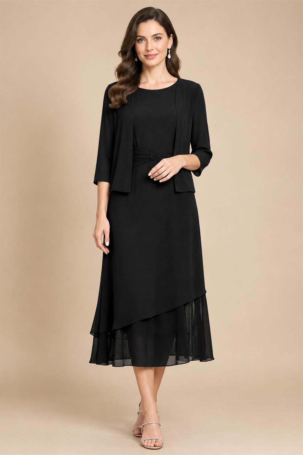 3/4 Sleeve Round Neck A-Line Midi Chiffon Mother of the Bride Dresses with Jacket (SHI22500386)