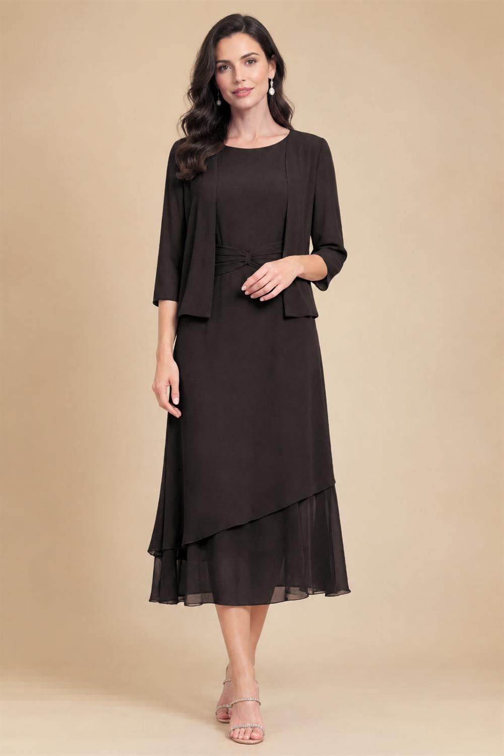 3/4 Sleeve Round Neck A-Line Midi Chiffon Mother of the Bride Dresses with Jacket (SHI22500386)