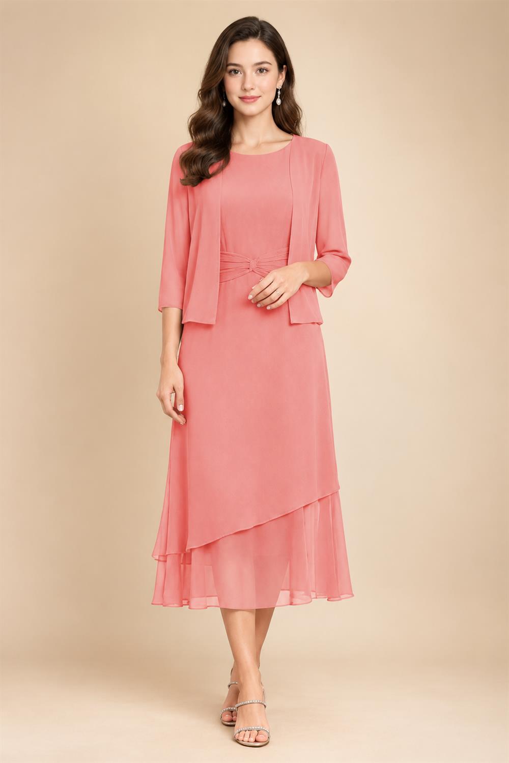 3/4 Sleeve Round Neck A-Line Midi Chiffon Mother of the Bride Dresses with Jacket (SHI22500386)