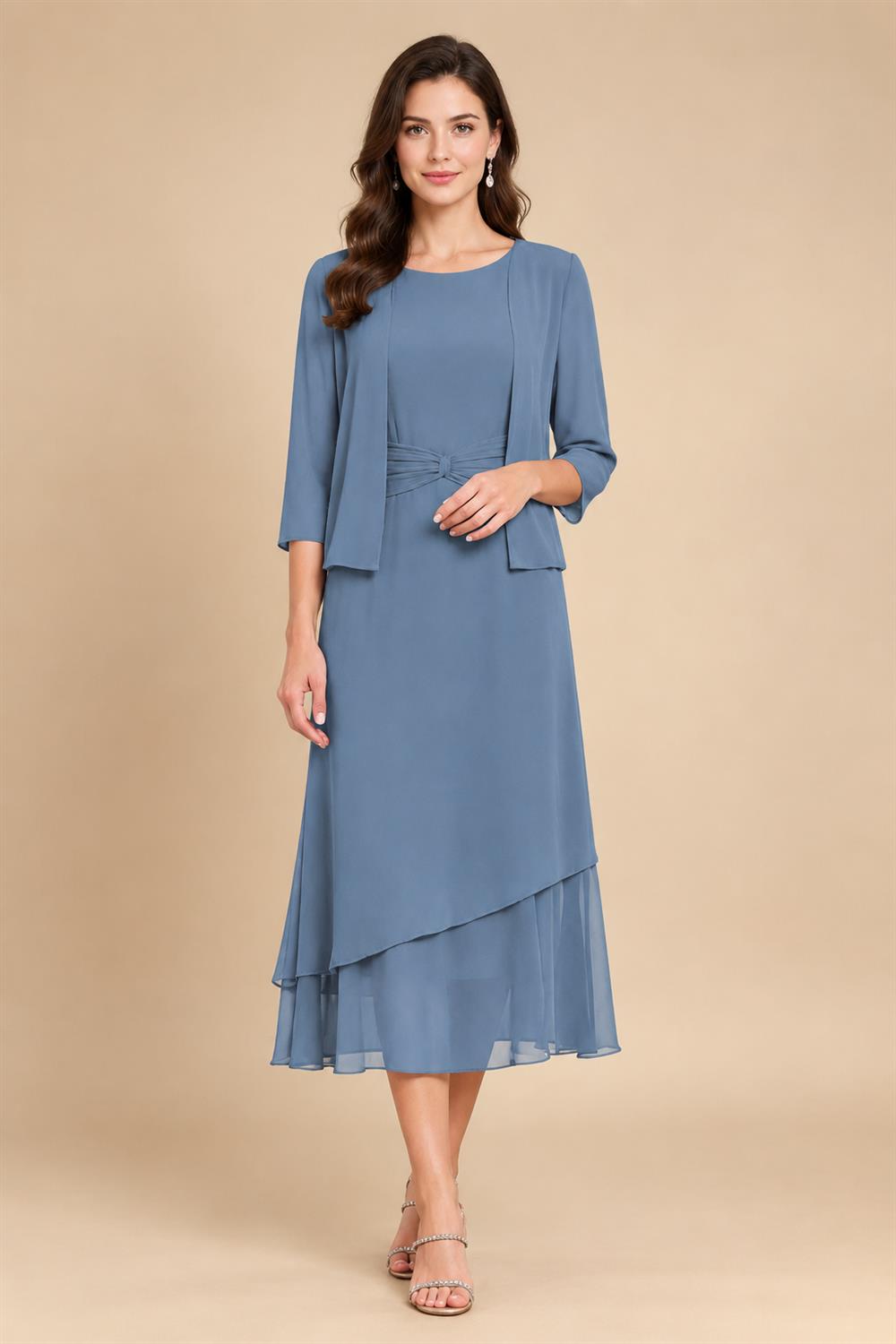 3/4 Sleeve Round Neck A-Line Midi Chiffon Mother of the Bride Dresses with Jacket (SHI22500386)